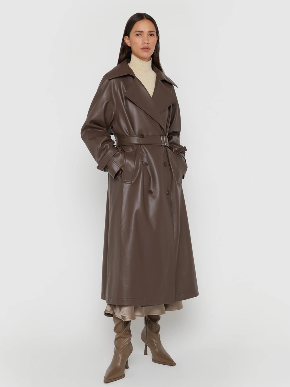 Oak & Fort - Long Brown Vegan Leather Trench Coat - Women’s / Size Small